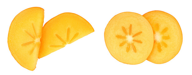 slice of Persimmon fruit isolated on white background close-up, Top view. Flat lay