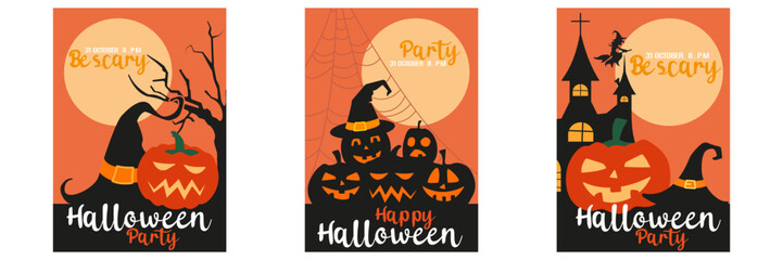 Halloween Party. Party invitation design and poster designs with halloween symbols. Halloween pumpkin patch in the moonlight