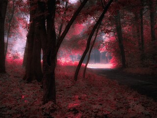 Dreamlike forest in pink tones. Gloomy autumn forest in the fog. Colorful strange woods. Magical nature.