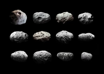 Collection of asteroids and space stones. Asteroids of different sizes and shapes. Dangerous celestial objects of the solar system.