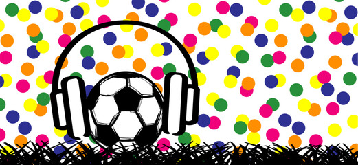 Fototapeta na wymiar Cartoon soccer ball as stickman, stick figure man with music party, headphones. Vector dance supporters cheers or singing. For world wk, ek sport finale, sports game cup. Mascot character with victory