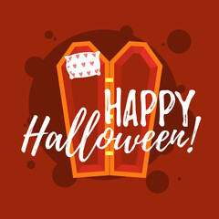 Happy Halloween greeting card vector illustration with coffin and pillow in it for vampire on orange background. Design for offer, coupon, banner, voucher or promotional poster