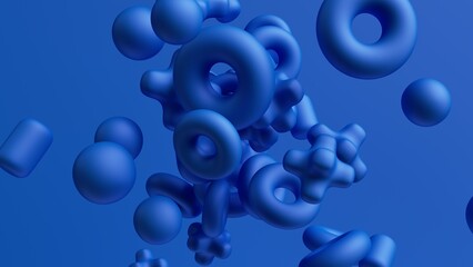 3d render, abstract background with assorted blue geometric shapes falling down. Simple wallpaper