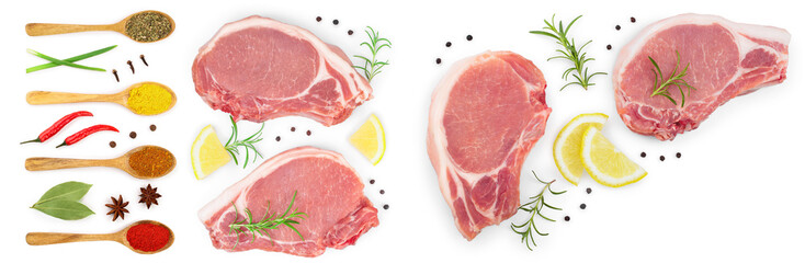 sliced raw pork meat with rosemary and lemon isolated on white background with copy space for your text. Top view. Flat lay