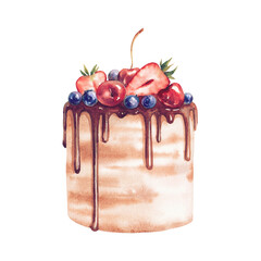 Watercolor cake with berries illustration. Food illustration isolated on white background.
