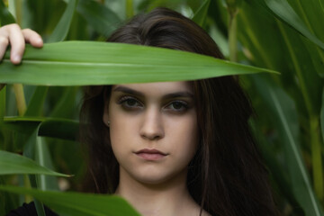 Long haired brunette young woman is hiding by green leave. Horizontally. 