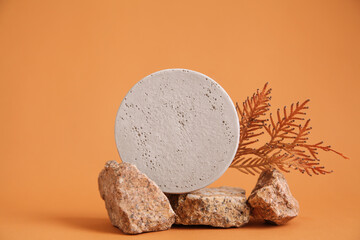 Abstract nature scene composition Autumn showcase made of natural stone, autumn foliage, Podium...