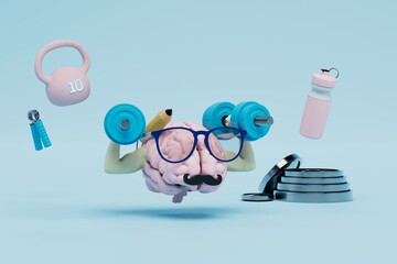 brain in glasses with dumbbells next to which is a rope, a kettlebell, a shaker. 3D render
