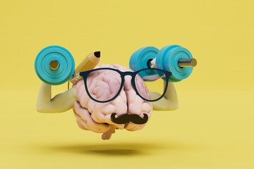 Fototapeta premium training for the brain. brain in glasses with dumbbells in his hands on a yellow background. 3D render