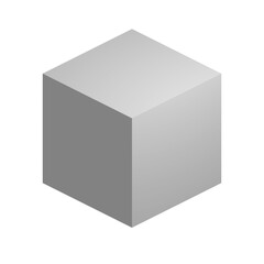 Orthographic white cube,  neutral greyscale, flat grey, black and white, white background, cutout
