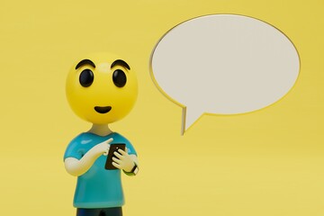 the concept of online communication. boy smiley writes a message on a smartphone. copy paste. 3D render
