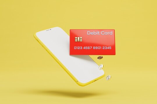 the concept of online transactions. a smartphone and a debit card from which dollar coins are poured. 3D render