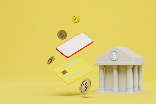 the concept of online banking. bank building, smartphone, credit cards and dollars on a yellow background. 3D render