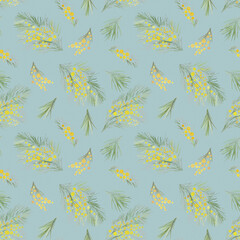 Naklejka na ściany i meble Seamless floral pattern, mimosa watercolor sprigs, watercolor texture, hand drawing.