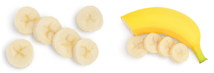 peeled banana pieces isolated on white background with full depth of field. Top view. Flat lay.
