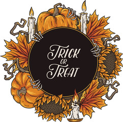 Halloween background for celebration autumn party. Spooky flyer with pampkin, skeleton hand and candle for holiday happy halloween