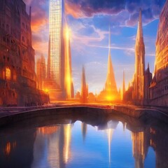 Futuristic city 3d illustration, vivid colors, perfect sky