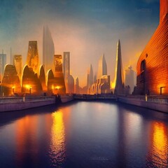 Fototapeta na wymiar Futuristic city 3d illustration, vivid colors, perfect sky
