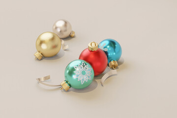 3D Rendering realistic colorful Christmas balls modern and elegant style