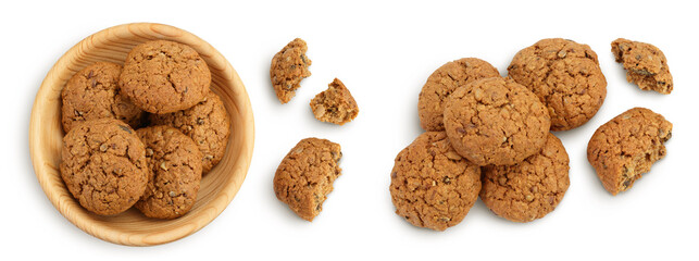 oatmeal cookies with flax, pumpkin and sunflower seeds in wooden bowl with full depth of field. Top view. Flat lay
