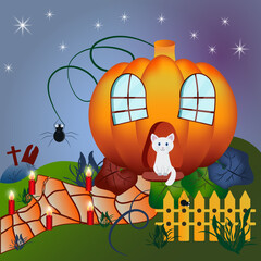 halloween pumpkin house with cat, art illustration, design for invitations, web banners, card printing, social media
