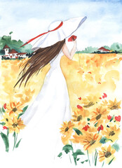 Young beautiful girl back in white dress, red ribbon hat. Spirit Summer field yellow sunflowers red poppies. Hand painted watercolor post card illustration Colorful light sketchy drawing on background