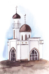 White stone walled mosque with one dome. Dark roofs blue sky. Muslim building one minaret. Hand painted watercolor post card illustration. Colorful light sketchy drawing on paper background