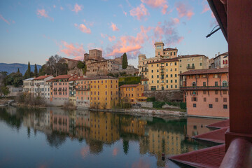 Beautiful view on Bridge of Bassano del Grappa, during sunset, Vicenza, Veneto.  