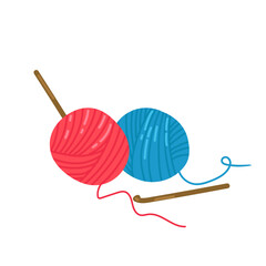 Multicolored balls of thread for knitting. Knitting illustration for postcard, web, magazines, instagram. Women's hobby.