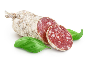 Cured salami sausage isolated on white background. Italian cuisine with full depth of field