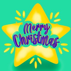 Fototapeta na wymiar festive star of bright yellow festive color with the inscription Merry Christmas, decoration association of the holiday of joy
