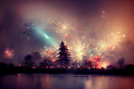 3d Illustration Of Magical Fireworks And Sparkling Lights. 