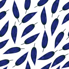 Blue watercolor leaf's seamless pattern. White background. Aquarelle art.