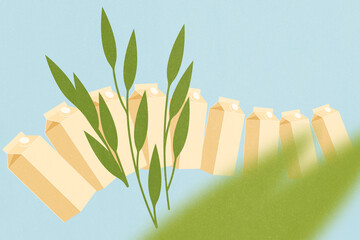 Plant milk, oat drink, organic non-dairy beverages for a more sustainable world. Row of cartons illustration.