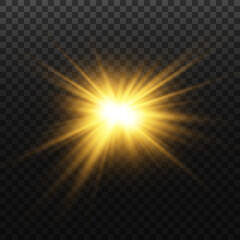 Golden star, on a transparent background, the effect of glow and rays of light, glowing lights, sun.vector.