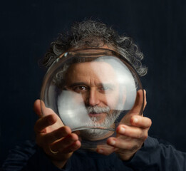 a colorful man with curls, a beard and a silver-colored mustache holds a transparent glass ball in his hands and looks through this ball - obrazy, fototapety, plakaty