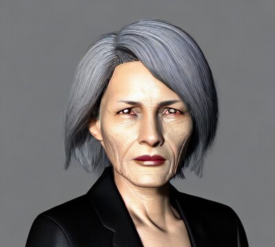  60 Year Old Female Business Operations Manager Born In Johannesburg, South Africa With Grey Hair Color, Dark Gray Eyes, Circle Face Shape