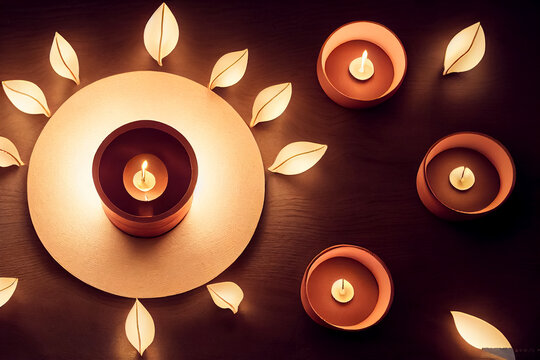 Diya lamps for Diwali, candles, and flower petals on dark background. 3d render