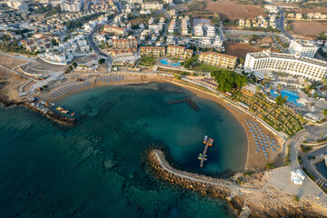 Coastline of touristic village of Pernera, Protaras Cyprus.  Drone aerial scenery of holiday resort