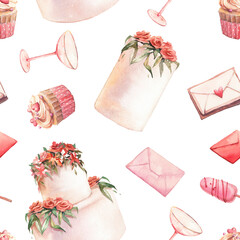 Watercolor wedding seamless pattern. Floral cakes, glasses, sweets, invitations texture. Romantic ornate