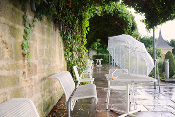 Transparent umbrella with rain drops stands on white table under green glycine flower