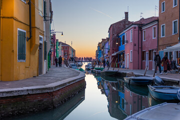 View on colorful Burano's lagoon in a winter day during sunset. Burano, Venice, Italy