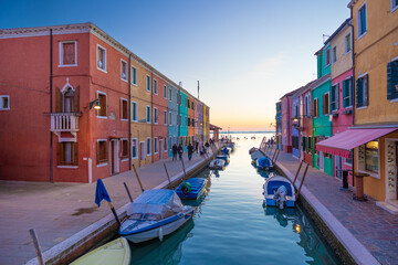 Fototapeta premium View on colorful Burano's lagoon in a winter day during sunset. Burano, Venice, Italy