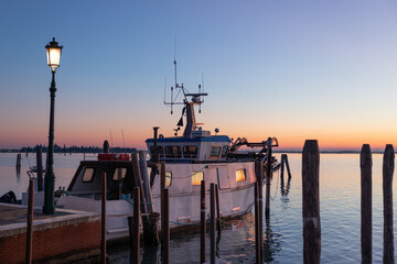 Beautiful frame of sunset from Burano island. Venice, Veneto, Italy. 