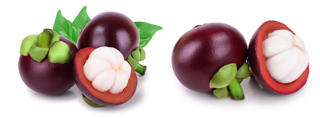ripe mangosteen with leaf isolated on white background closeup