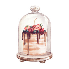 Watercolor tasty cake. Sweet food illustration. Bakery object isolated on white background