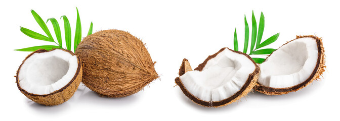 coconut with leaves isolated on white background
