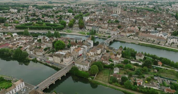 Aerial view of Sens is an ancient city in the French department of Yonne, in Burgundy, on the right bank of the Yonne River.