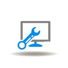 Vector illustration of computer monitor with wrench. Icon of upgrade computer. Symbol of repair, install software.