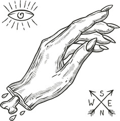 Hand outline pensil drawing. Tattoo wrist wih eye and arrows